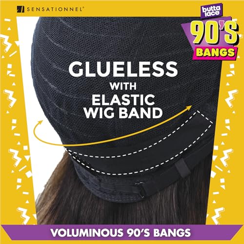 Sensationnel Butta Lace 90Sbangs Wigs - Unit 911 Glueless Wide Deep Part Synthetic Preplucked Hairline (1B OFFBLACK)