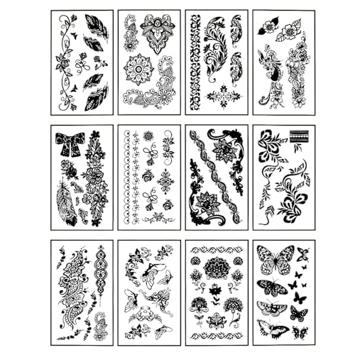 12 Sheets Temporary Self Adhesive Transfer Arabic Arabian Tattoo Tattoos Stickers Black Waterproof Sticker Islamic Muslim Islam Body Henna Word Ramadan Eid Stencils Stencil Temples Body Art Designs