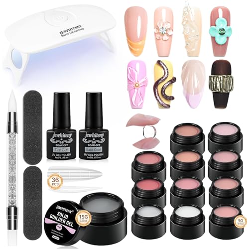 JEWHITENY 12 Colors Non-Sticky Solid Builder Gel Kit with Mini UV Lamp