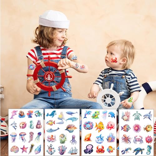 20 Sheets Ocean Animals Temporary Tattoos Stickers 270Pcs Under The Sea Life Tattoos Birthday Party Favors Decorations Supplies for Goodie Bags Fillers Exchange Gifts School Prizes Game Rewards