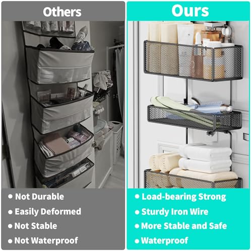 HapiRm 6-Tier Over-the-Door Organizer with Visual Pockets & Hooks (Hooks Style, Black) – Includes 4 Large Baskets
