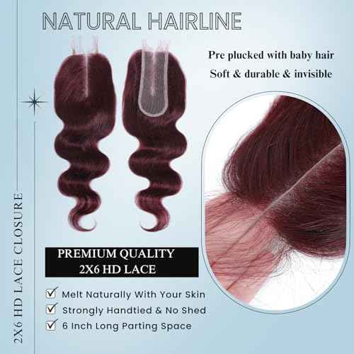 ALHER #99j Dark Burgundy Body Wave Bundles with 2x6 Kim K Lace Closure 18 20 22+18 Inch, Purplish Wine Red Color 3 Bundles with 2x6 Long Deep Part Closure With Baby Hair 100% Real Human Hair