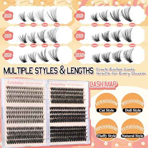 Calphdiar Eyelash Clusters 30D+40D+50D+60D+80D+100D Lash Clusters Wispy Individual Lashes 476PCS D-curly Lash Extension 10-16MM Natural Lashes Clusters DIY Cluster Eyelash Extensions for Beginners