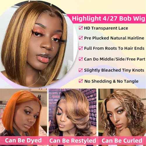 Ombre Honey Blonde Bob Wig Human Hair Highlight 13x4 Hd Lace Front Wigs Human Hair Pre Plucked 14 Inch Middle Part 4/27 Colored Glueless Lace Frontal Wigs(14 Inch, 4/27 Highlight)
