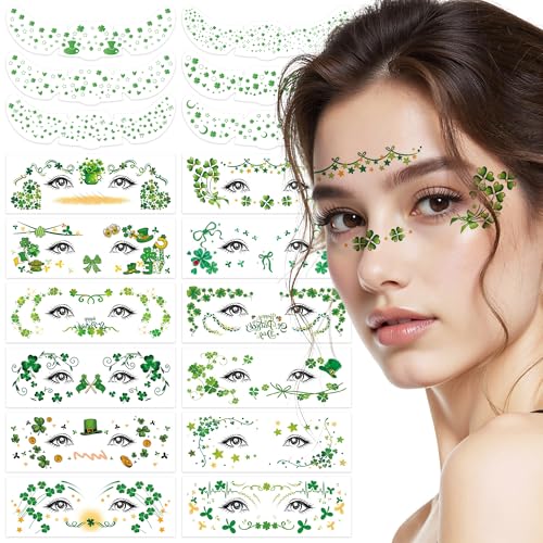 18pc St Patrick's Day Face Tattoos, Green Shamrock Glitter