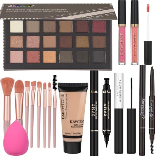 All in One Makeup Kit For Women Girls Teens Makeup set 16 Colors Eyeshadow Palette Foundation Eyeliner Contouring Stick Lip Gloss Eyebrow Mascara Makeup Brushes Makeup Gift Sets