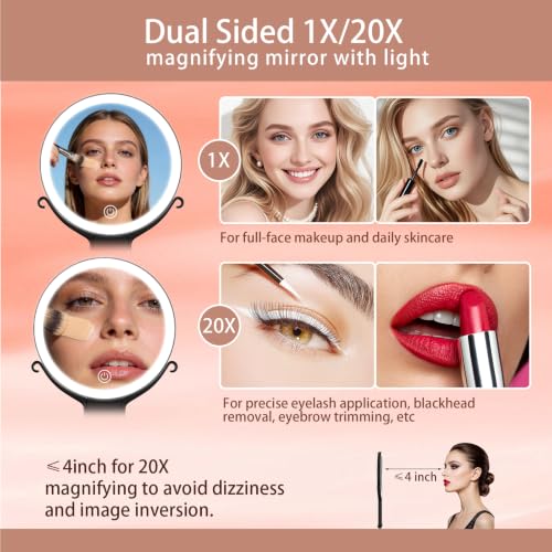 Travel Makeup Mirror with Lights - Dual-Sided 1X/20X Magnification