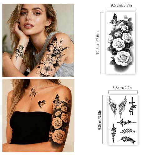 92-Sheet Flower Temporary Tattoos for Women - Waterproof Floral