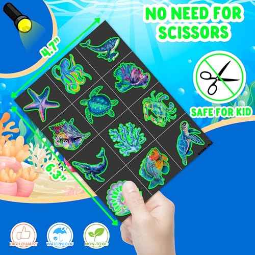 96 PCS Ocean Pre?Cut Luminous Temporary Tattoos Themed Birthday Party Decorations Favors Supplies D?cor Glow In The Dark Shark Sea Turtle Tattoo Stickers Gifts For Game Boys Girls (Glow in the Dark)