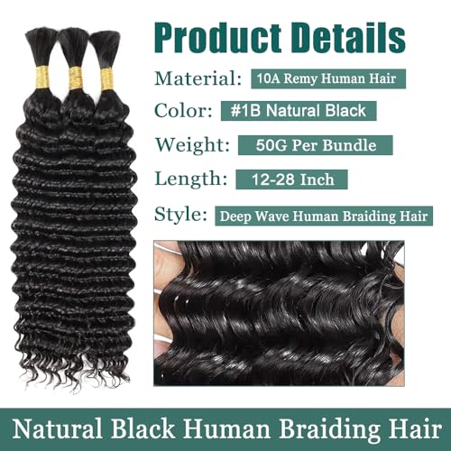 Human Braiding Hair for Boho Braids 16 Inch Deep Wave 3 Bundles