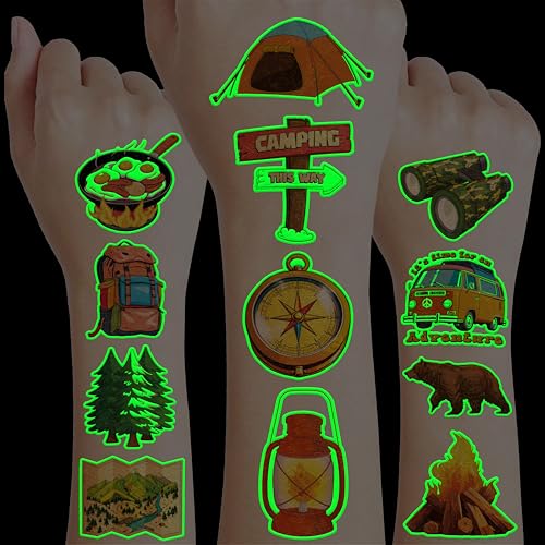 96 Glow in Dark Camping Temporary Tattoos for Kids