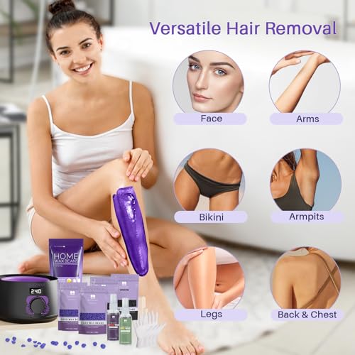 BLITZWAX Brazilian and Bikini Waxing Kit With 1lb Lavender Wax Beads, Hard Wax Warmer for Face, Legs and Body, At Home Hair Removal Kit, Beginner Friendly, Digital Fast Heating, 52 Wax Items