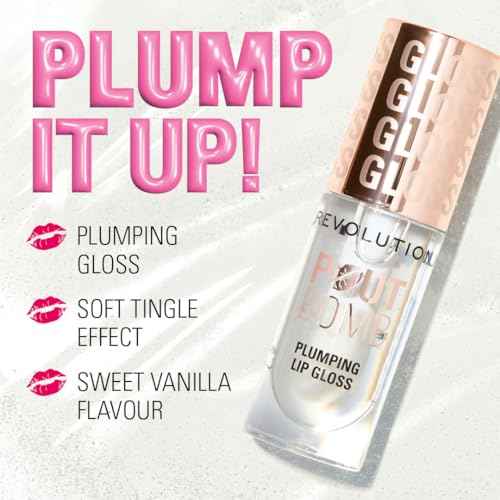 Revolution, Pout Bomb Plumping Lip Gloss, High-Shine for Glossy, Fuller & Plump Lips with Hyaluronic Acid & Peptides, Vegan & Cruelty-Free, Sheer Milky Nude, 0.15 fl oz