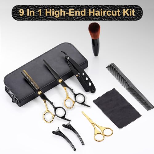 9 Pcs Sharp Hair Cutting Scissors Kit, Stainless-Steel 6.7‘’ Barber Scissors Professional Set, Multifunctional Thinning Shears for Hair Cutting, Wigs Texturizing Tools for Women Men Home Salon(Gold)