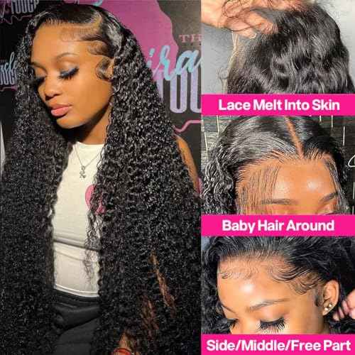 Wingirl 13x4 HD Deep Wave Lace Front Wigs Human Hair Pre Plucked with Baby Hair Transparent 180 Density Glueless Lace Frontal Wigs for Women Natural Black Color