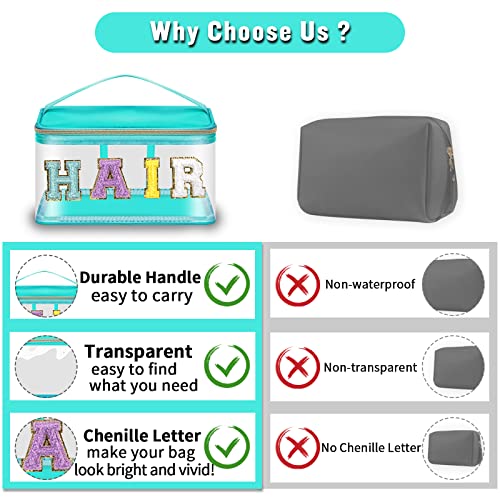 Izuzta Green Chenille Letter Clear Makeup Bag with Handle - Waterproof Travel Toiletry Organizer