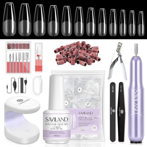 SAVILAND Long Coffin Soft Gel Nail Tips Kit with UV Lamp & Nail Tools - 13-Long Coffin