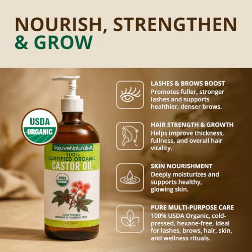 RejuveNaturals Organic Castor Oil 16oz Cold Pressed Unscented USDA Certified Organic