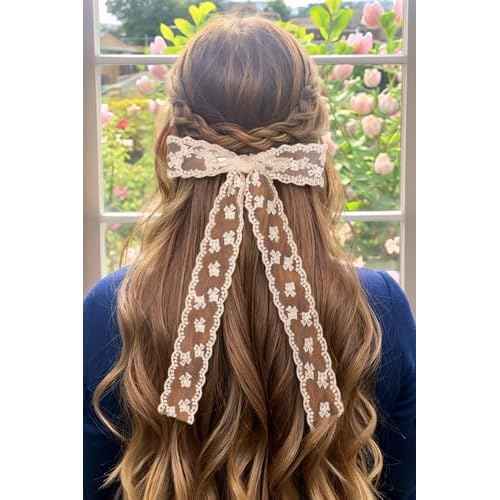 4Pcs Large lace Hair Clips for Women Girls,Lace Tassel Bows Metal Clips with Long Tail Ribbons,Cute Hair Bows Barrette for Hair Accessories(Black,White)