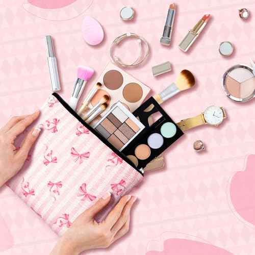 Kacctyen 6 Pack Pink Coquette Bow Makeup Bag Preppy Cosmetic Bags Zipper Pouch Travel Toiletry Bag Pink Trendy Pouch Bag Gift for Coquette Birthday Paty Favor Girls Travel Storage Accessories