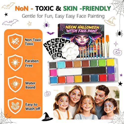 20-Color Water-Based Face Paint Kit with Brushes & Stencils