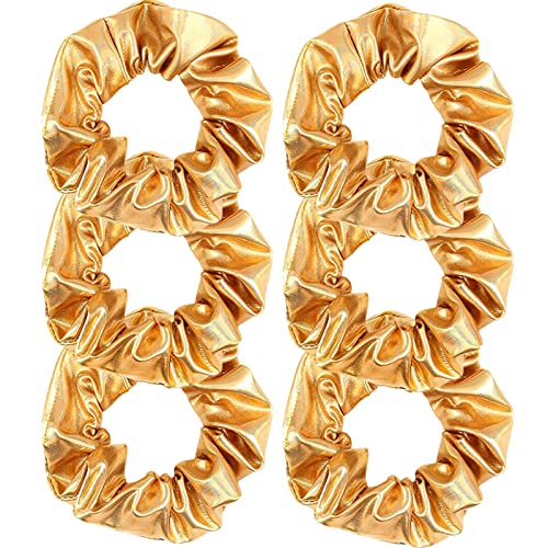 OTYOU 6 Pack PU Leather Dance Hair Scrunchies Gold Stamping Scrunchy Bobbles Elastic Hair Bands Ties Hair Accessories Wrist Band Cosplay Show for Women Girls (Gold)