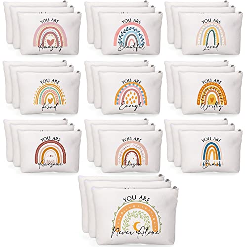 Coume 30 Pcs Inspirational Canvas Makeup Bags Bulk for Women Back to School Appreciation Gift Motivational Cosmetic Bags with Zipper Boho Makeup Pouch for Students Nurse Coworker Office(Rainbow)