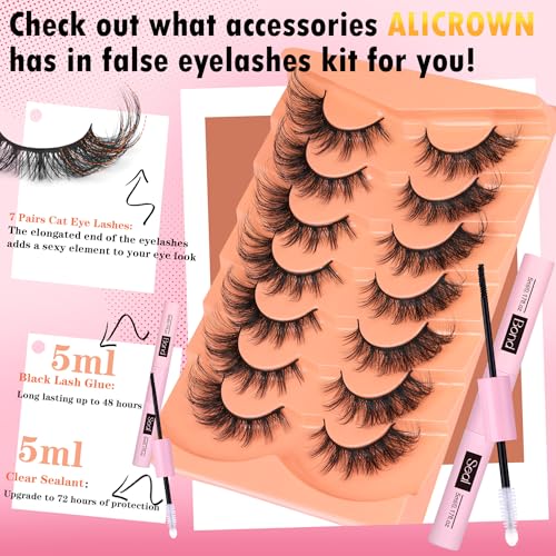 ALICROWN Mink Lashes Cat Eye Fairy Eyelashes Fuzzy Full False Eyelashes Wispy Fake Eyelashes Fox Eye Lashes Kit with Lash Bond and Seal 7 Pairs