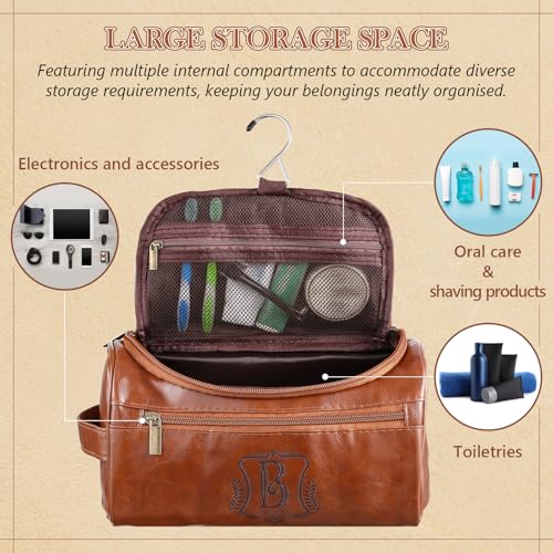 Sadnyy Personalized Leather Toiletry Bag for Men Initial Travel Bag with Hook Monogrammed Toiletry Pouch Leather Travel Bathroom Kit with Side Handle for Him Dad Husband Anniversary Birthday Gifts(B)
