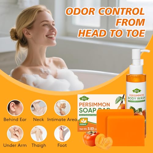 RYH 2 PCS Persimmon Soap Bar and Persimmon Body Wash for Body Odor Control, Natural Deodorant Soap for Old People Smell, Remove Body Odor Shower Gel, Persimmon Bath Soap for Women & Men
