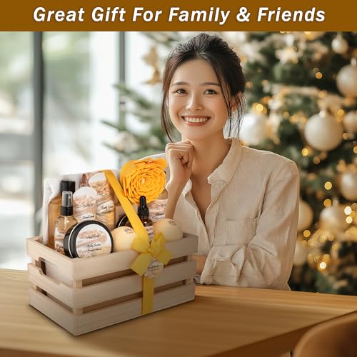 Bath Spa Gift Sets - Luxury Basket With Honey & Almond - Spa Kit Includes Wash, Bubble Bath, Lotion, Bath Salts, Body Scrub, Shower Puff, Bathbombs, Soap and Towel