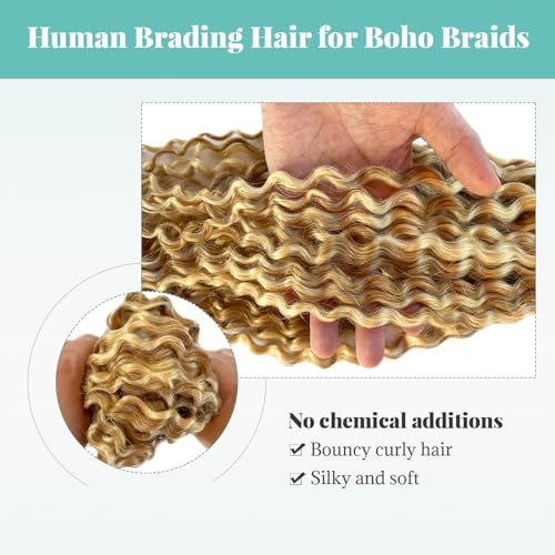 Human Braiding Hair Deep Water Wave Bulk Human Hair for Boho Braids No Weft 2 Bundles 22 Inch Strawberry Blonde with 613 Bleach Blonde Highlights Wet and Wavy Twist Hair Braiding for Knotless Bohemian