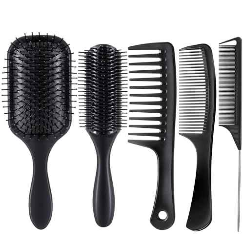 SALONSILK 5PCS Hair Brush Comb Set, Women Men Paddle Styling Hair Brushes Wide Fine Tooth Combs, Rat Tail Parting Barber Professional Set for Detangling, Thick, Natural, Thin, Curly