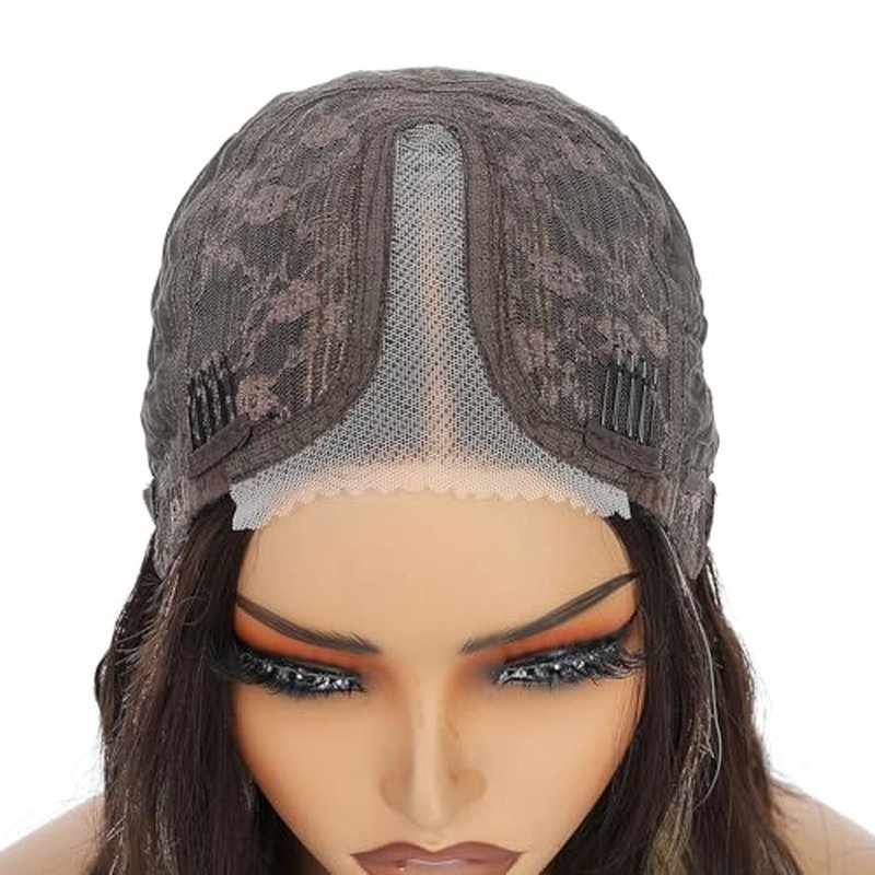 14 Inch Short Wavy Wig Brown Blonde Highlight Lace