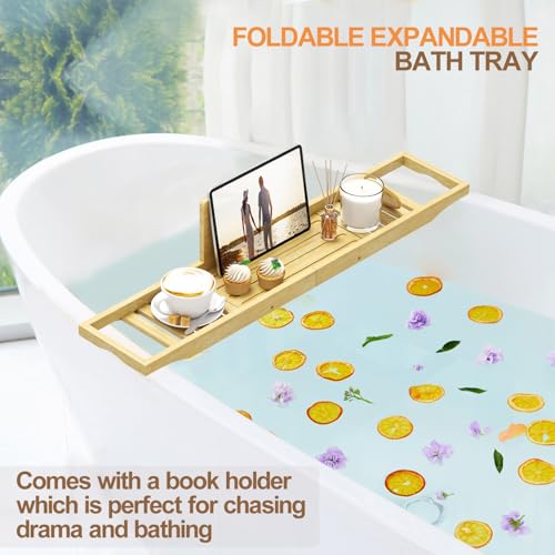 Bamboo Bathtub Caddy Tray - 29" Bath Tray with Slip-Resistant Grips
