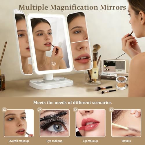 Jesmaikor White 3-Panel Lighted Makeup Mirror with 1x/2x/3x Magnification, 180° Rotating, Rechargeable