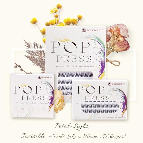 POP PRESS 10-16mm Self-Adhesive Lash Clusters Kit, Wispy Airy Volume, Thin Invisible Band, 1-Minute Pre-Glued Press-On, Includes Tweezers, All-Day No-Fall, Naked Makeup Look