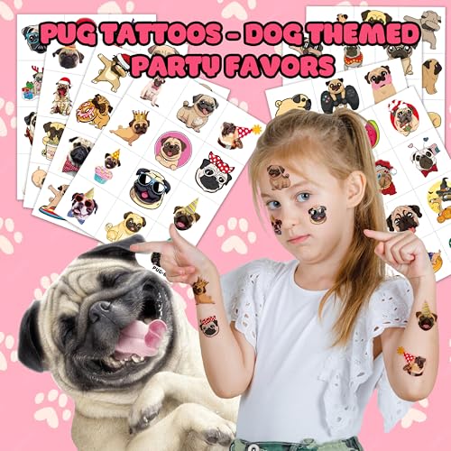 96 Pcs Pug Temporary Tattoos for Kids - Party Favors