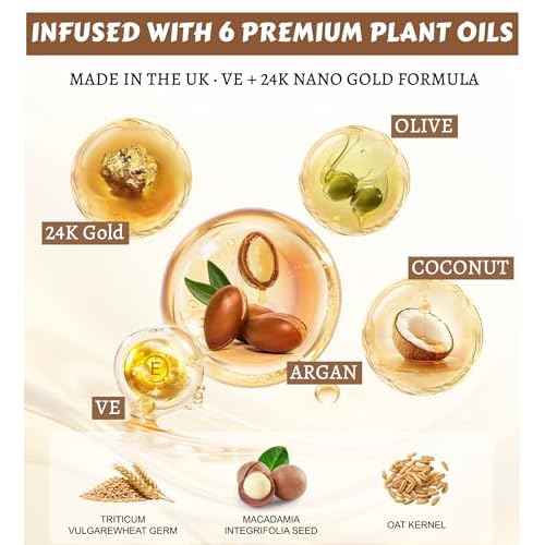 24K Gold Hair Oil Made in the UK ? Repair & Shine Serum with Coconut, Argan & Olive Oils ? Vegan Heat Protectant, Frizz Control for Dry, Damaged Hair (2.02 Fl Oz (Pack of 1))