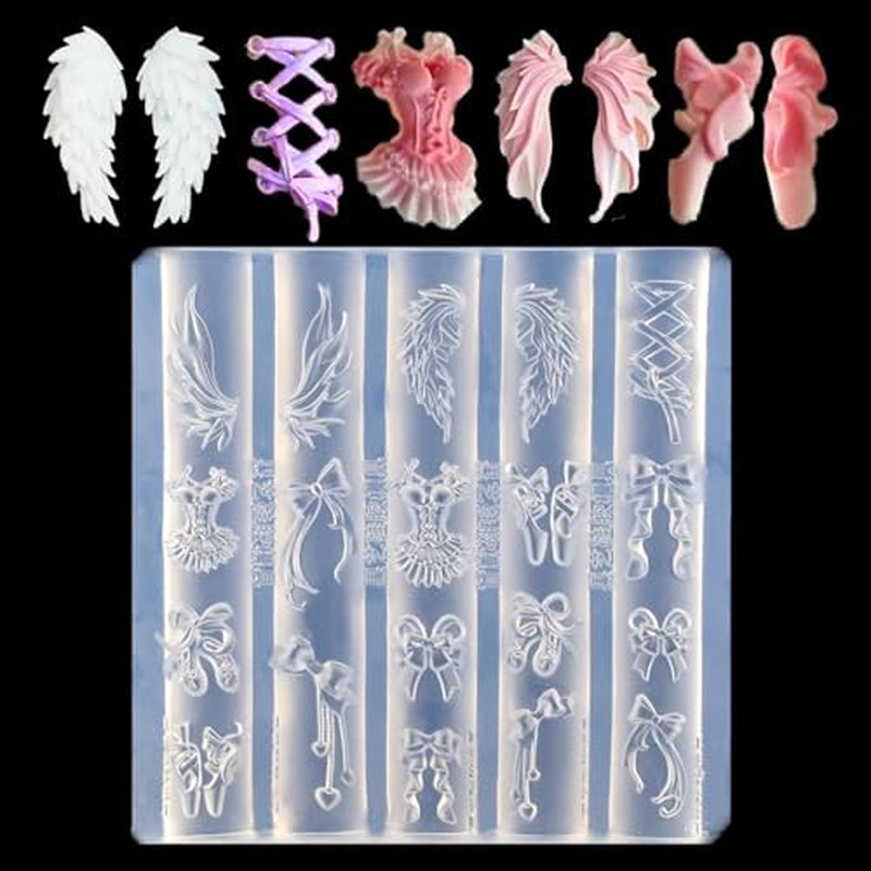 3D Angel Wings Nail Art Mold with Bows & Ballet Shoes - Silicone