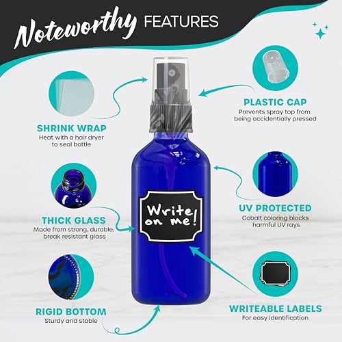 Nevlers Small Spray Bottle 2 Oz 48 Pack | Blue Glass Spritzer Bottles | Mini Spray Bottle Mist Set w/Labels, Marker, Funnel, Brush & Shrink Wrap | 2oz Glass Bottles for Oils, Scents & Travel Use