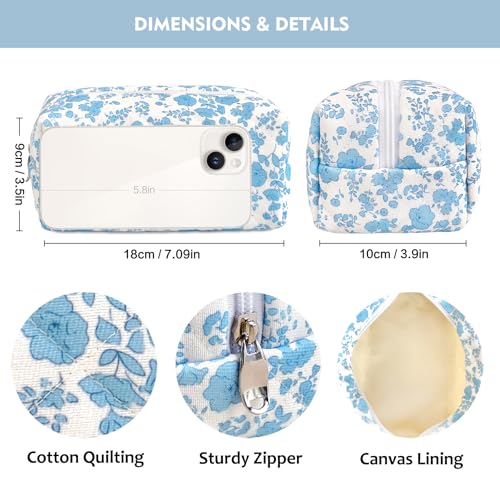 Quilted Floral Makeup Bag for Women - Compact Cosmetic & Toiletry Organizer