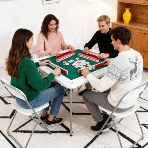 Mahjong Table 39.4" Folding 4-Player Card Desk with Cup Holders