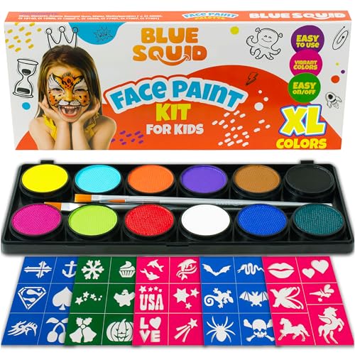 Blue Squid Face Painting Kit - 12 Colors, 30 Stencils, Sensitive Skin Safe
