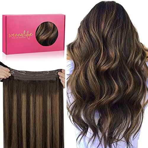 WENNALIFE Wire Hair Extensions (Increase 50% Lifespan) Real Human Hair 14 inch 75g Balayage Dark Brown to Chestnut Remy Invisible Transparent Fish Line