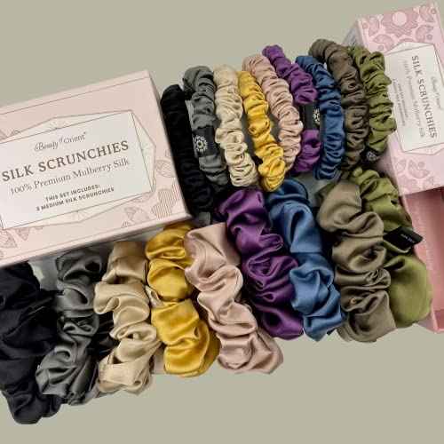 Silk Scrunchies | Premium Handcrafted 25 Momme Mulberry Silk Hair Bands | Elastics Ties Ponytail Holders and Hair Accessories (Medium Scrunchies (3), Chocolate, Ocean, Jungle)