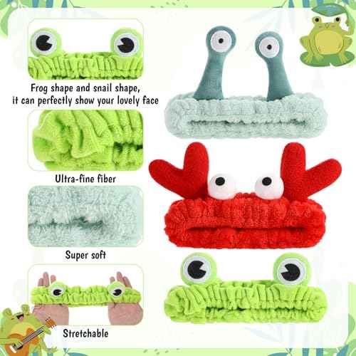 3Pcs Face Wash Headband Cute, Soft Spa Headband for Washing Face, Coral Fleece Elastic Frog Crab Snail Head Band, Cartoon Makeup Headbands for Women, Fun Face Wash Headbands for Women Skincare Shower