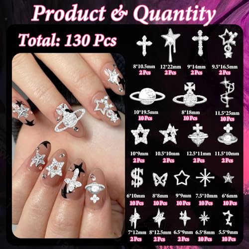 130 Pcs Silver Star and Cross Nail Charms for Acrylic Nails, Y2K Nail Art Supplies