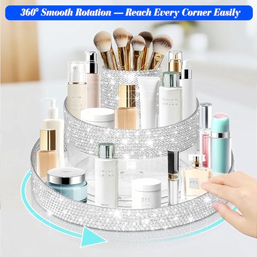 Yivaiks Bling 360 Rotating Makeup Organizer,Shiny Lazy Susan Cosmetic Storage Turntable for Skincare,Perfume & Lipstick,Glitter Round Spinning Tray with Brush Holder for Vanity,Bathroom (10"L x 10"W)