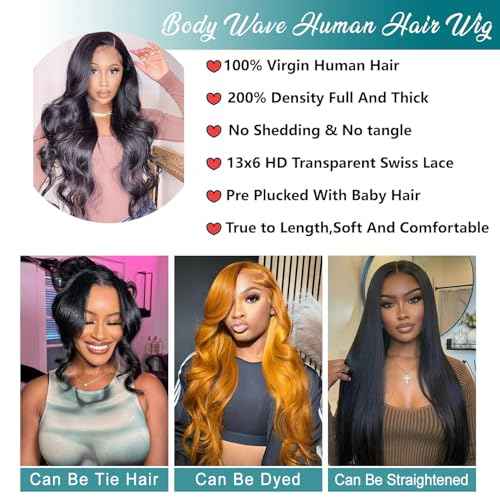 Azkiu 13x6 Lace Front Wigs Human Hair 200 Density Body Wave Lace Front Wigs Human Brazilian Natural Black HD Lace Frontal Wigs Human Pre Plucked with Baby Hair for Women 22Inch